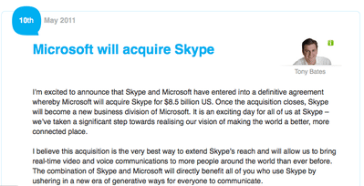 [公式発表] MicrosoftがSkypeを85億ドルで買収、MS社一部門として再スタート 【増田(@maskin)真樹】